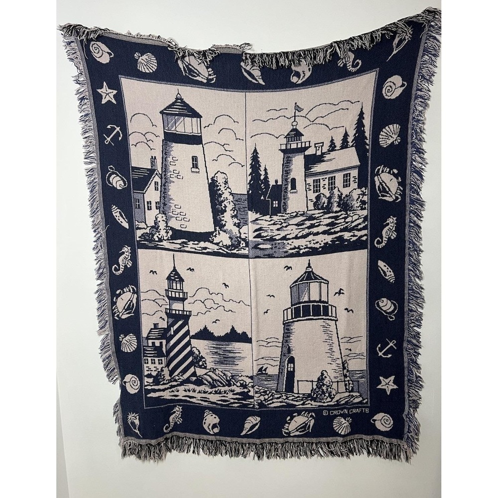VTG Crown Crafts Tapestry Nautical Lighthouse Sea Shell Throw Blanket 50x60 USA